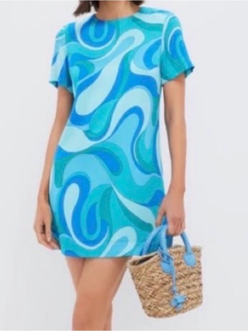 Blue Swirl Short Sleeve Shift Dress - Women's